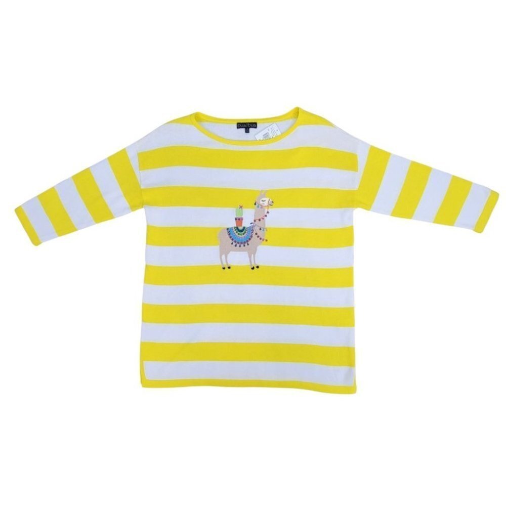 Bua Bua Llama Womens Sweater Size Small Crew Neck Yellow White Striped Cotton